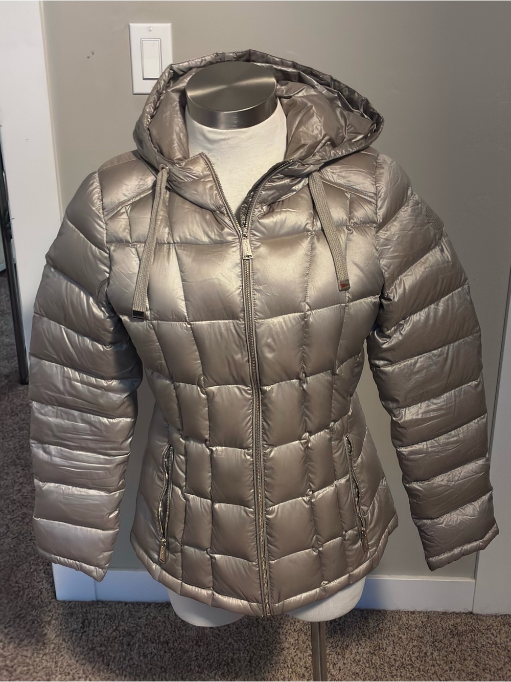 Calvin Klein Metallic Taupe Hooded Quilted Puffer Jacket